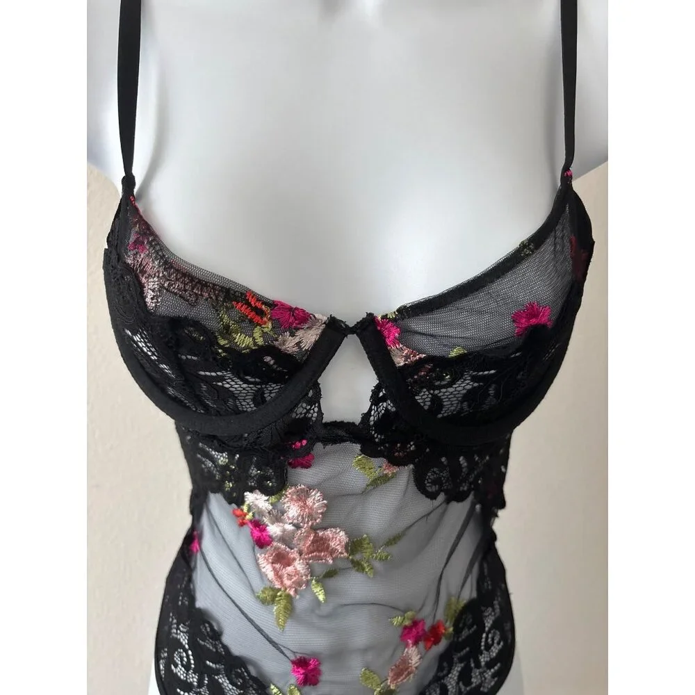 Y2K Bodysuit Small Sheer Lace Floral Embroidered Black Mesh Open Back Lingerie - Picture 9 of 16